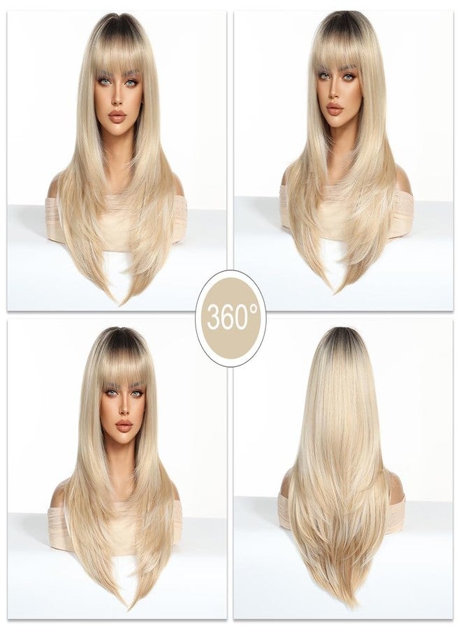 اسمي شعر مستعار إسمي طويل وناعم بلون أشقر متدرج مع غرة، طبقات، للنساء، مريح وجيد التهوية، طبيعي وواقعي، مناسب للحفلات، طوله 24 بوصة - Image 5